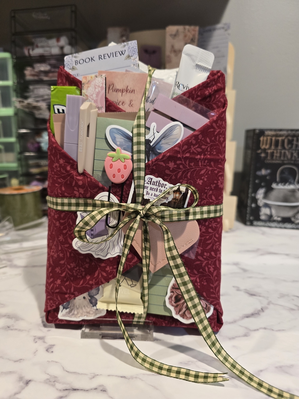 Red Fabric Organizer Pouch with Green Plaid Ribbon